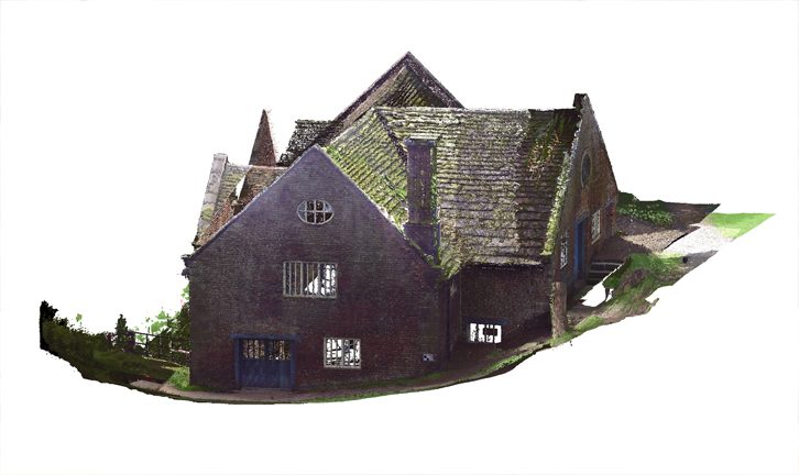 A stone building captured as a 3D model from scan data, isolated against white.